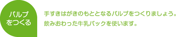 パルプをつくる
手すきはがきのもととなるパルプをつくりましょう。飲みおわった牛乳パックを使います。