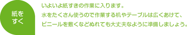 紙をすく
いよいよ紙すきの作業に入ります。水をたくさん使うので作業する机やテーブルは広くあけて、ビニールを敷くなどぬれても大丈夫なように準備しましょう。